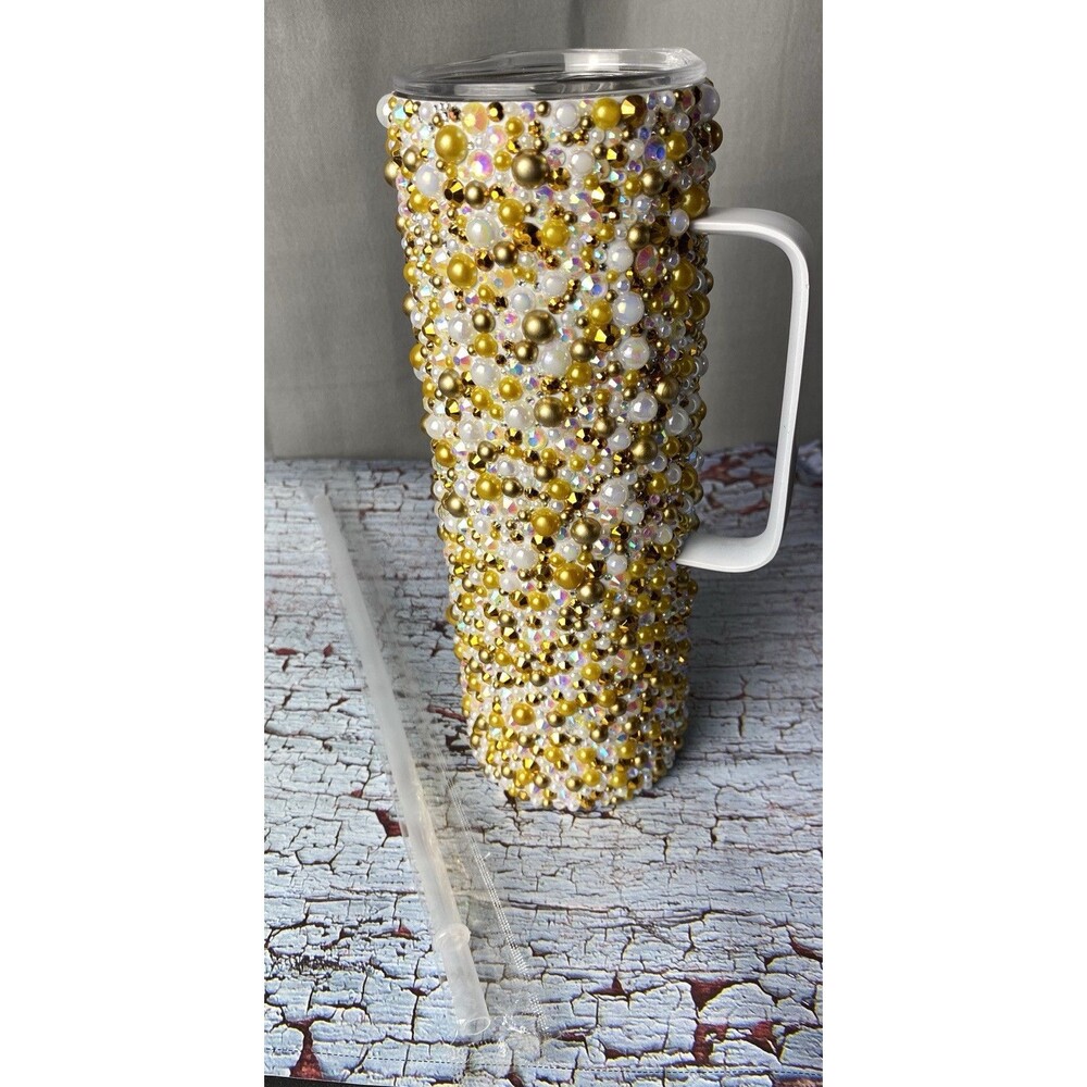 Gold White Pearl & Rhinestone Tumbler W/Handle 20oz Skinny W/Lid & Straw